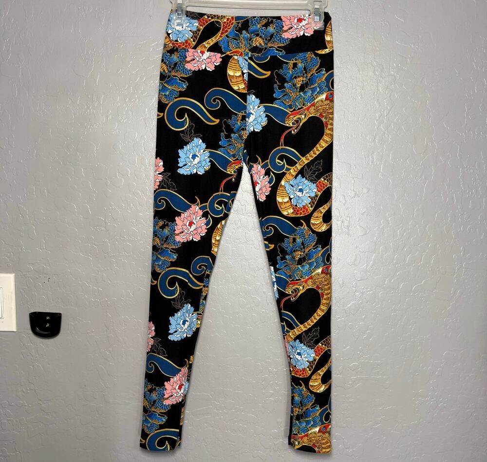 Lularoe New Black Gold Snake Lotus Flower Asian Mystical Legging, One Size
